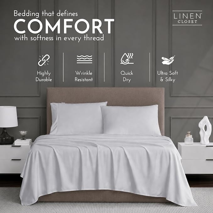 Linen Closet Luxury 1200 Thread Count Full Size Sheets Set, 4 Pieces, Cotton Rich, Soft Silver, Soft, Durable & Wrinkle Resistant Sateen Sheets, 16" Deep Pocket Fitted Sheet, Home & Hotel Essentials