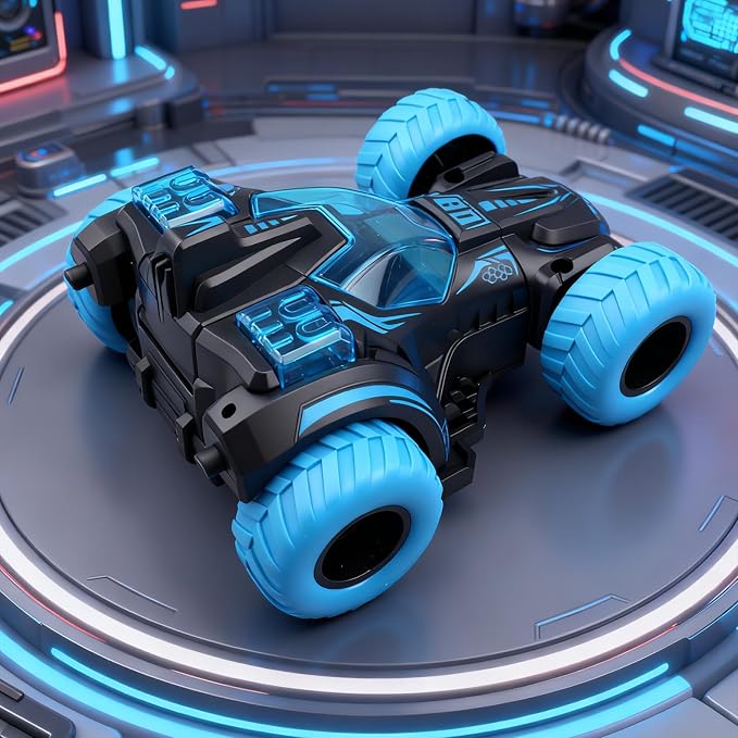 Friction Powered Flip Stunt Car, Push and Go Toy Car with 360° Upright Spin, Dual-Sided Rotating Off-Road Vehicle, No Batteries Required, Toy Car for Boys & Girls Ages 3 (Blue)