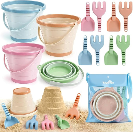 Dreamon Beach Toys, 4 Pack Collapsible Sand Buckets for Kids, Shovels & Rakes Set with Mesh Bag, Kids Beach Essentials Sandcastle Building Kit for Beach Trip Outdoor Play and Summer Fun