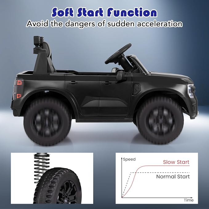 Licensed Ford Ranger Ride on Pickup Truck by INFANS, 12V Battery Powered Electric Vehicle for Kids with Remote Control, Headlight, Power Display, Bluetooth, MP3, Music, Aged 3-6 Years (Black)