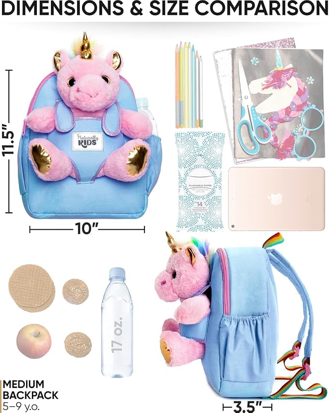 Naturally KIDS 【Upgraded】 Medium Backpack w Removable Pink Unicorn Toy for Girls Age 4-7 | Side & Inner Pockets, Reflective Logo, Name Tag | Unicorn Gifts for 5 Year Old Girls – Medium size