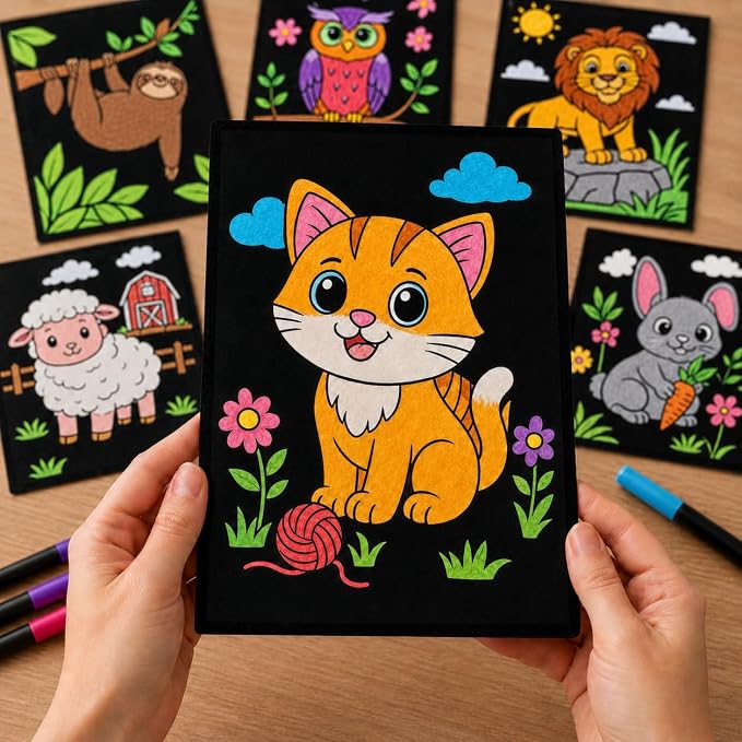 Cinrobiye 48 Pcs Velvet Coloring Posters Cute Animals Fuzzy Posters to Color Bulk Felt Coloring Page Craft for Adults, Teens and All Ages, Classroom, Assisted Living Stress Relief Activities