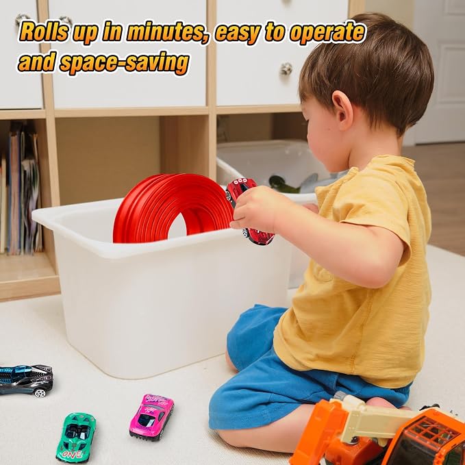 15Ft Flexible Race Car Track for Kids with Suction Cups Compatible with Diecast 1/64th Cars for Ages 3 & Up Blue Gray Orange Red Classic Long Rolls Up Portable Racetrack (Red)