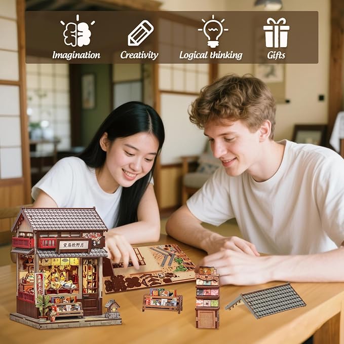 Cutefun Book Nook Kits for Adults, DIY Miniature Dollhouse Booknook Kit, Japanese Mini House Building Kit with LED, 3D Wooden Puzzle Bookshelf Insert Decor Creative Gifts for Teens (Folding Fan Shop)