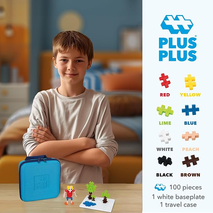 PLUS PLUS Building Set with Travel Case, 3D Puzzle Open Ended Stem Toy for Kids, 100 Mini Interlocking Pieces, 1 White Baseplate