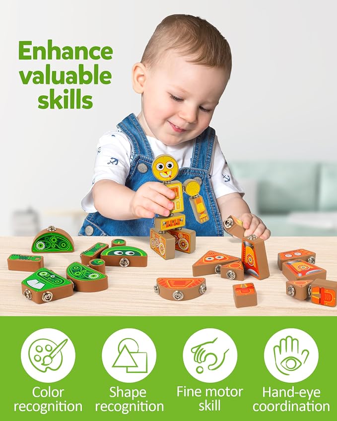 Coogam Snap Together Robot Builders for Toddlers, Wooden Take Apart Robot Build Block Playset, Fine Motor Skill STEM Educational Montessori Toy Gift for 3 4 5 Years Old Kids