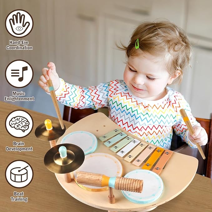 Toddlers Drum Set Toys for Toddlers 2-3,Baby Drum with Xylophone,Musical Instruments Toy, Kids Wooden Montessori Toys Birthday Gift for 18+ Months Boys Girls