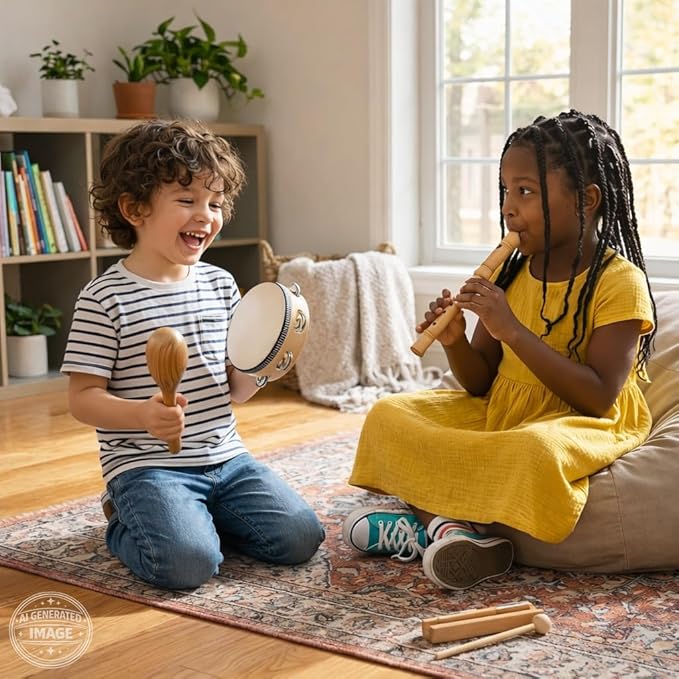 Stoie’s Wooden Musical Instruments for Toddlers Ages 3+, Montessori Music Toy Set for Kids with Drum, Tambourine, Maracas, Bells & Flute, Educational Preschool Toys for Boys & Girls