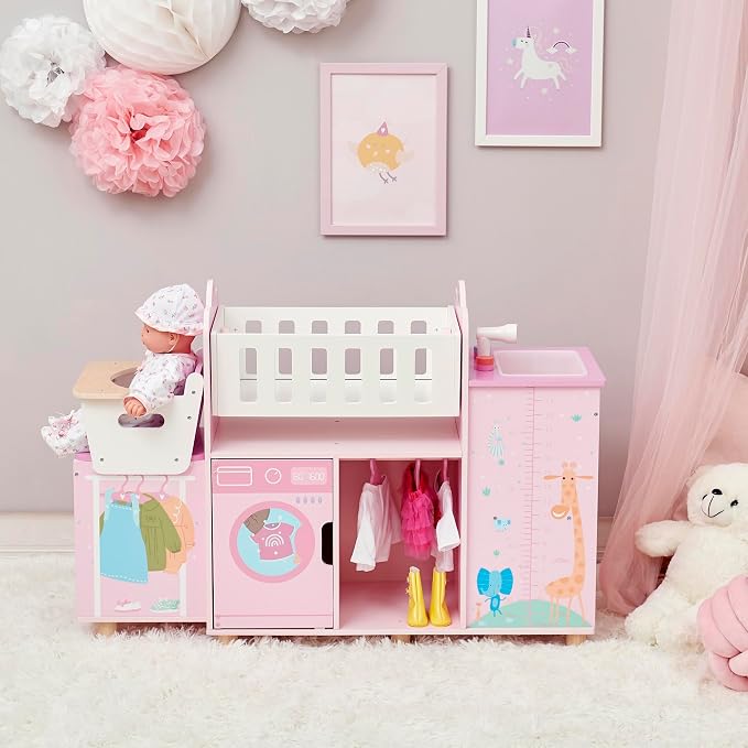Olivia's Little World Amanda 6-in-1 Wooden Doll Nursery Station, Pink/Multi | Rocking Cradle, High Chair, Storage, Washing Machine and Sink, For 3 yrs and up