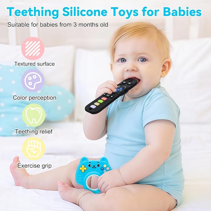 MISSLILI 2 Packs Teething Toy for Babies 0-6-9-12 Months, Silicone Baby Rattles Teether, Teething Relief Infant Toddles TV Remote Control Teether for 3-24 Months