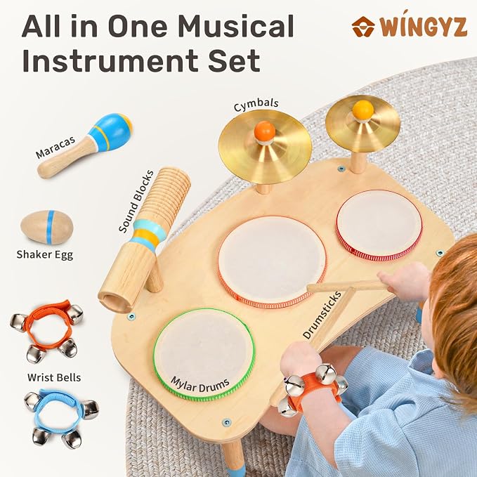 WINGYZ 11-in-1 Toddler Drum Set-Low Noise Wooden Baby Musical Instruments for Toddlers 1-3 & Montessori Musical Toys,Music Table with Bongo Drums, Cymbals, Maracas & Wrist Bells for Early Rhythm Play