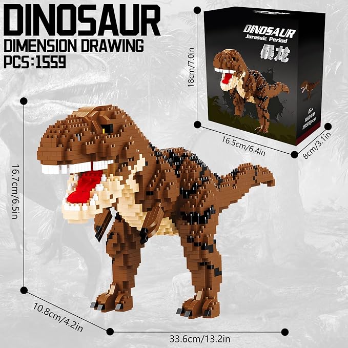 CSNRHG Dinosaur Tyrannosaurus Building Blocks Model Decor Micro Mini Blocks Toy Birthday for Age 6+ Children Adults Teens 1559 Pieces