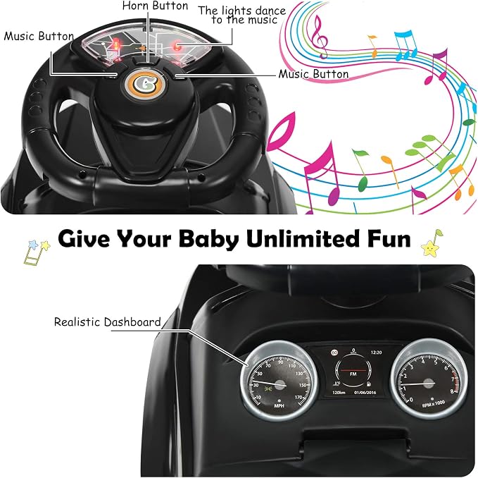 Costzon 3 in 1 Ride on Push Car, Stroller Sliding Walking Car with Horn, Music, Light, Under Seat Storage, Parental Handle, Armrest Guardrails, Ride on Toy for Boys & Girls (Black)