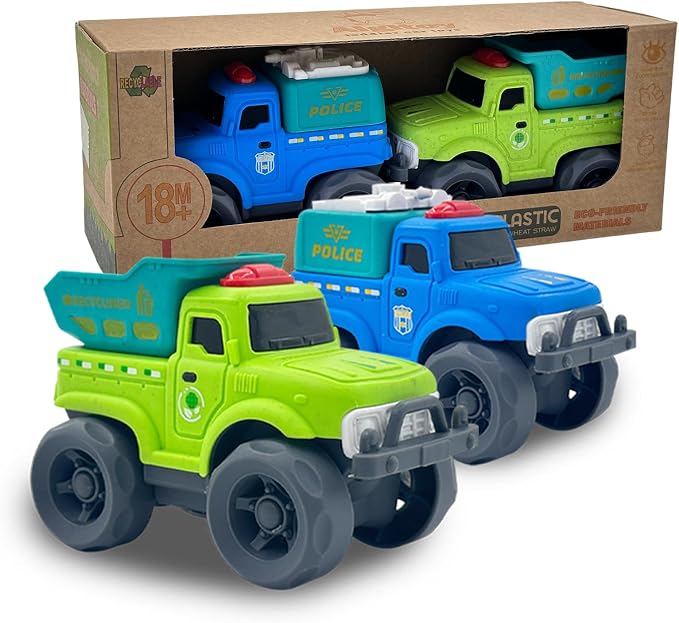 Aigitoy 2 Pack Toddler Cars for 1-3 Years, Dump Truck & Police Truck | Construction Vehicles, NO BPA, Phthalates, PVC, Recycled Plastic Toy, 18M+ Outdoor Toys, Xmas Birthday Gift for Boys Girls