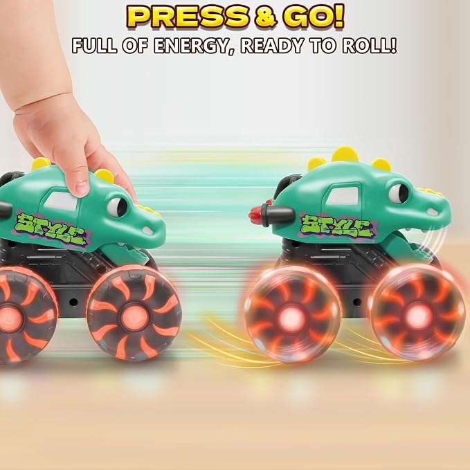Intoypad Green Dino Monster Truck – LED Light-Up Press and Go Toy Car for Toddlers Age 2 3 4 5 – Dinosaur Truck with Flashing Wheels and Chomping Mouth for Boys and Girls