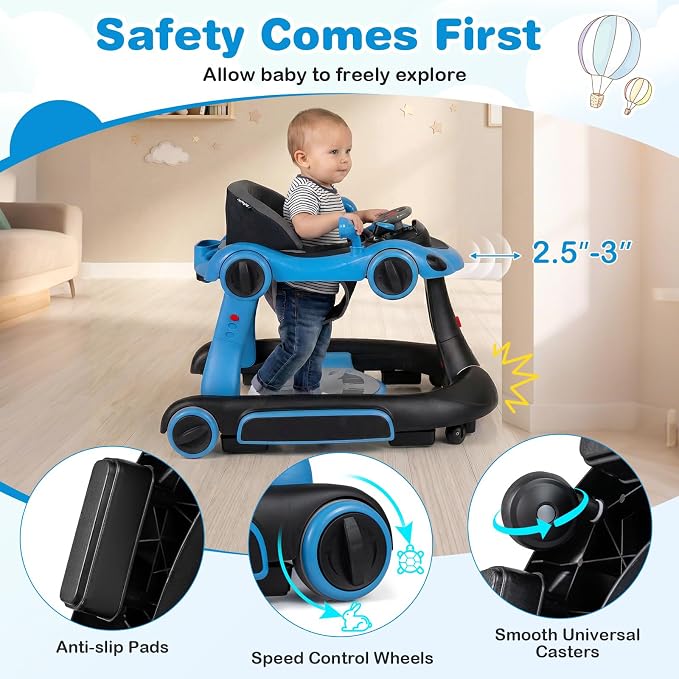 BABY JOY 7-in-1 Baby Walker, Foldable Baby Walker and Bouncer Combo with Handle, Adjustable Height & Speed, Music, Lights, Rocker/Push Mode, Baby Walker with Wheels for Boys Girls 7-18 Months (Blue)