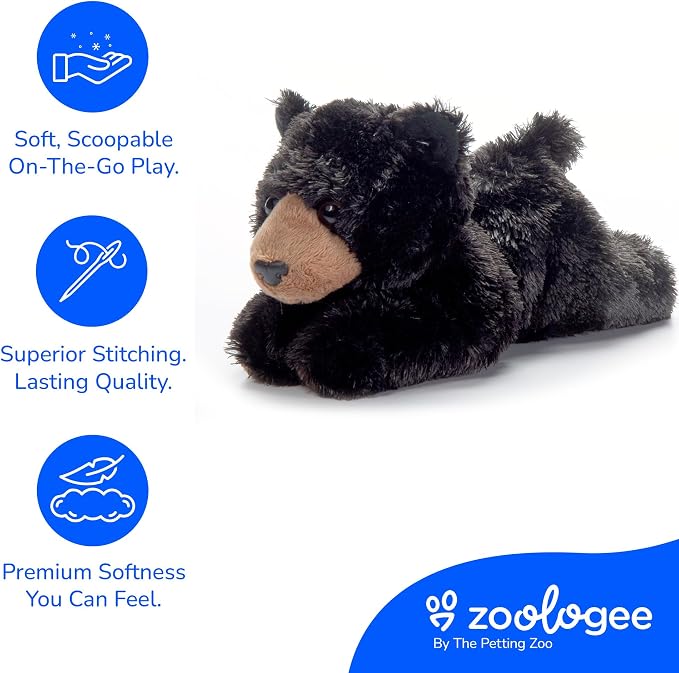 The Petting Zoo Black Bear Stuffed Animal Plushie, Gifts for Kids, Scoopz Wildlife Animals, Bear Plush Toy, 8 inches