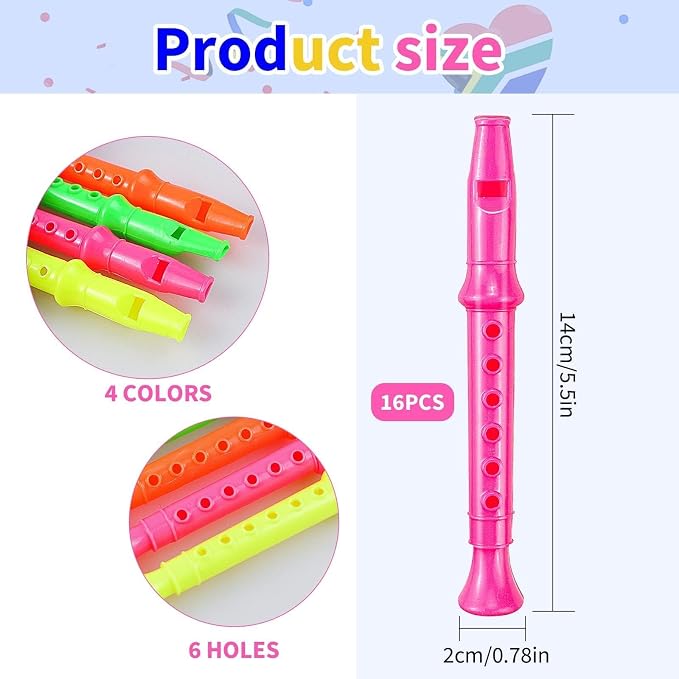 12 Pack 5.5 Inches Plastic Recorders for Kids, Mixed Color Flute Musical Instrument Toy for Party Favors, Classroom Music Education, Gift for Children，Easter Basket Stuffers, Easter Egg Fillers