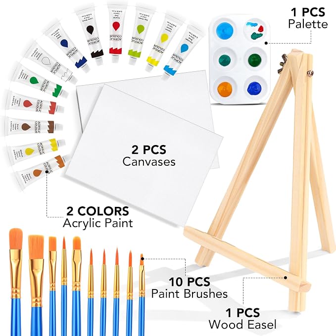 ESRICH 26 PCS Acrylic Paint Set with 12 Colors Acrylic Paints (12ml, 0.4 oz), 10 Paint Brushes, 2 Canvas, 1 Wood Easel, 1 Plate, Painting Supplies Kits for Kids, Adults, Artists and Beginners
