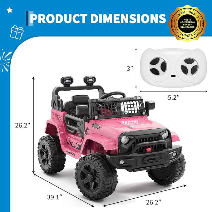Hetoy 12V Ride on Toys with Parent Remote Control Toddler Electric Vehicle with Spring Suspension, LED Lights, Bluetooth, Music Player, 3 Speeds Ride on Car Truck for Kids Age 3-8 (Pink)