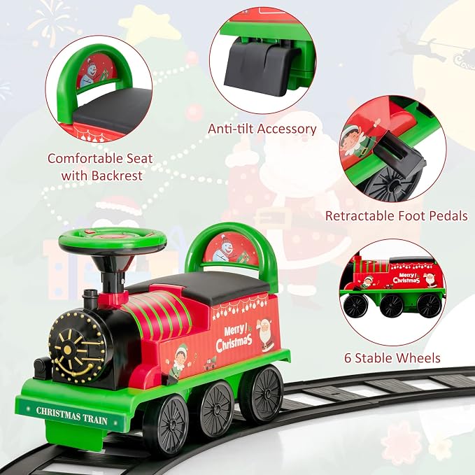 Costzon Ride on Toys, 6V Electric Ride on Train with Tracks, Storage Seat, Flashing Lights & Music, Backrest, Anti-tilt Device, Gift for Toddler Boys & Girls, Battery Powered Ride on Car (Green)