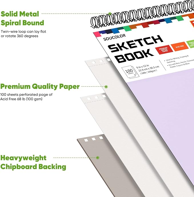 Soucolor 9" x 12" Sketch Book, 2 Pack School Art Supplies Gifts for Girl, Birthday Gifts for Women, Thank You Gifts, Stocking Stuffers,200-Sheets Each (68lb/100gsm) Purple Drawing Notebook for Kids