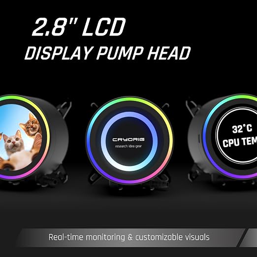 CRYORIG CRYO 360 Black AIO Liuquid Cooler, 2.8-inch LCD Display, 360mm ARGB Water Cooling, High-Performance Pressure Fan, Compatible with AM4/AM5, LGA115X/1200/1700/1851