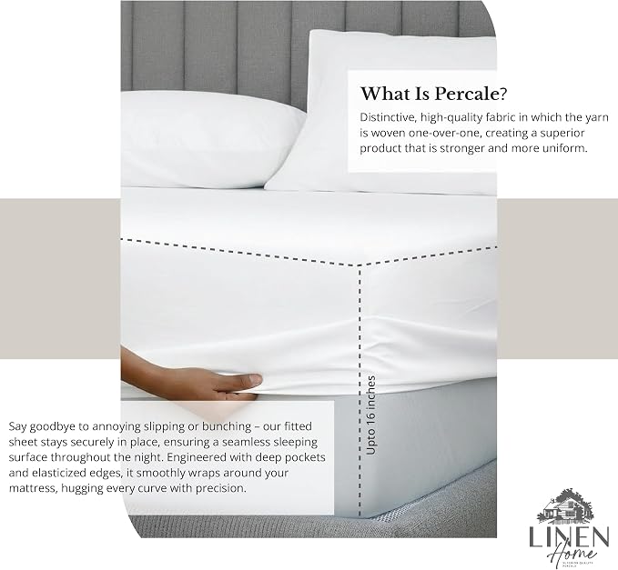 Linen Home 6 Piece King Cotton Sheet Set, 100% Cotton Percale, 4 Pillowcases, Deep Pocket with All Around Elastic Sheet, Crisp Breathable Bedding, Hotel Luxury, Long-Staple Combed Cotton, Snow White