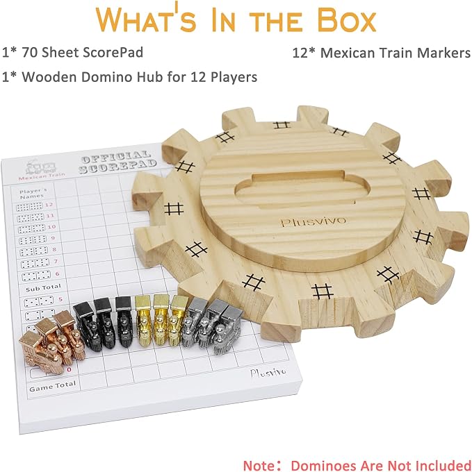 plusvivo Mexican Train Dominoes Accessories Set-Including a 7.89-Inch Wooden Mexican Train Hub up to 12 Players, 12 Metal Train Markers, and a 70-Sheet Mexican Train Score Pads