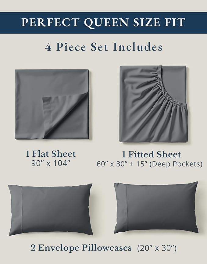 LANE LINEN Queen Bed Sheet Set 100% Organic Cotton Cooling Soft - Charcoal | Queen Sheets In GOTS Certified Organic Cotton Percale - All-Season Comfort, For Master Bedrooms, Crisp Hotel-Style Feel