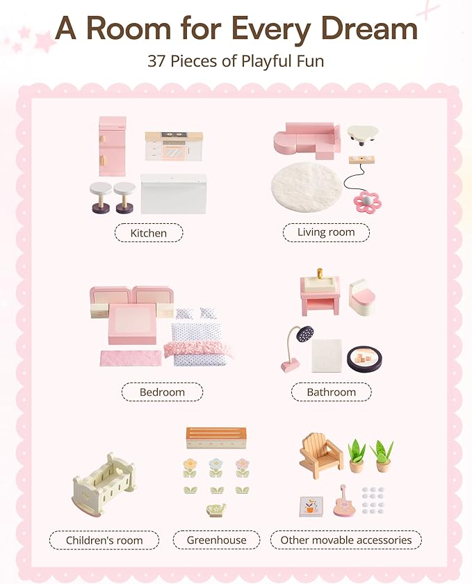 ROBUD Wooden Doll House for Girls，Dollhouse Kit with 6 Rooms & 37 Pcs Dollhouse Furnitrue Accessories, Pink Montessori Doll House for 3+, WDH22