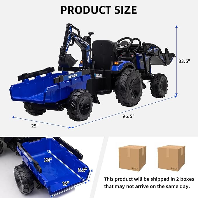 GarveeLife 3 in 1 Ride on Tractor, 24V Ride on Toy for Big Kids, Excavator Bulldozer - Battery-Powered Electric Vehicle w/Trailer, Digger, Remote Control, LED Lights, Music, USB, Battery Powered, Blue
