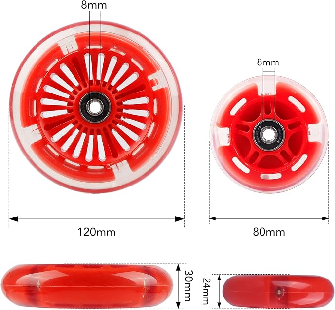 4-Pack Light Up Scooter Wheels - 120mm & 80mm White LED Replacement Wheel for Micro Mini Maxi Lascoota 3-Wheel Kick Scooter