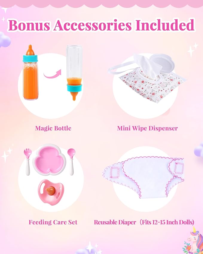 BABESIDE 14 Pcs Baby Doll Accessories with Magic Bottles, Baby Doll Diaper Bag Set Includes Changing Mat, Diapers and Bottle with Disappearing Milk for 12-16 Inches Dolls Kids Gift