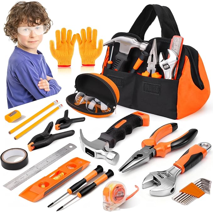 27-Piece Orange Kids Real Tool Set with Storage Tool Bag, Small Real Hand Tool Kit for Boys & Girls, Child Construction Learning Tools for Home Building and Woodworking, 6+ Years Old Boy Birthday Gift