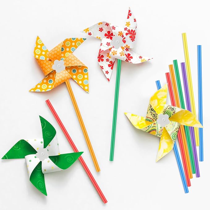 Poen 48 Pcs DIY Pinwheels for Kids Bulk, Color Your Own White Pinwheels Summer Activity Paper Craft Coloring Patriotic Blank Windmills VBS 4th of July Sunday School Party Favor Supplies, 5 Inches
