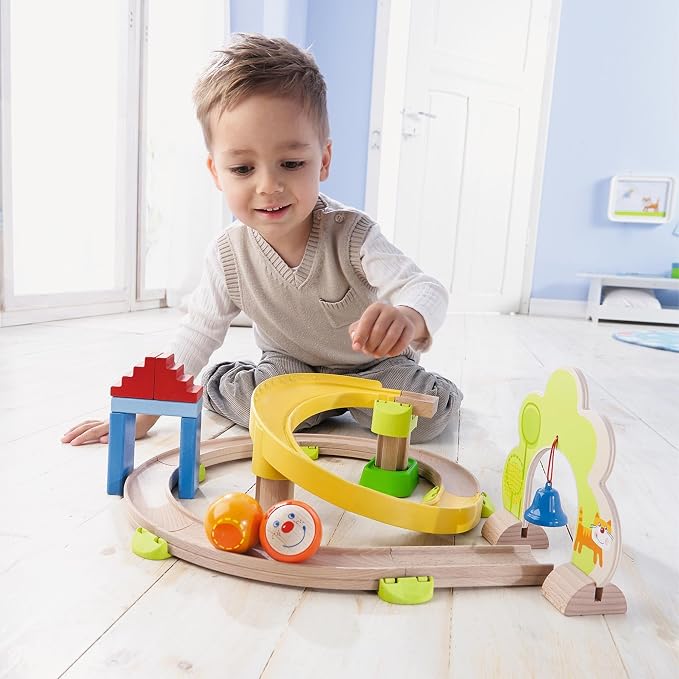 HABA Ball Run - Kullerbu Spiral Track, 26 Piece Wood & Plastic Marble Run Set with Wild Curves & Bell for Kids 2-6, STEM Toy Marble Maze Building Set