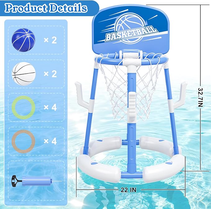 2 in 1 Pool Basketball Hoop with Backboard & Ring Toss Game,Floating Pool Toys with 4 Balls 8 Rings&Pump Summer Water Basketball Indoor Outdoor Toy Gifts Family Party for Kids Age 3-5 4-8 8-12& Adult