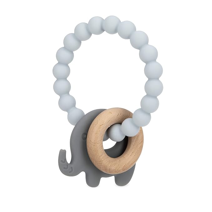 Nuby Elephant Teething Ring for Infants - Natural Wood and Silicone Baby Teethers - 3+ Months - Baby Teething Toy