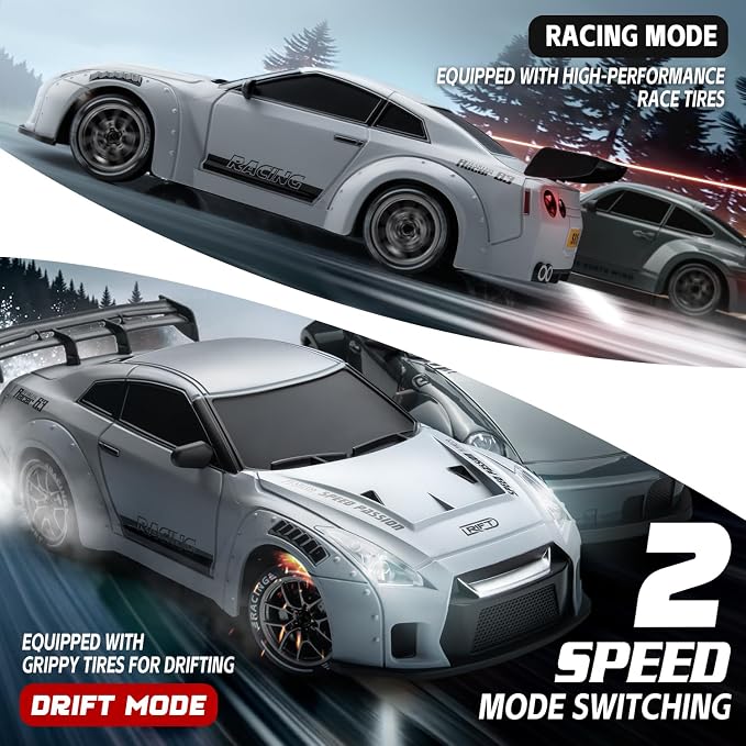 RC Drift Car, 1/24 Remote Control Drift Car for Adults Kids, 4WD 20KM/H High Speed Widebody Design Grey RC Sports Cars with LED Lights, Extra Tires, Vehicle for Boys Beginner Indoors Outdoors