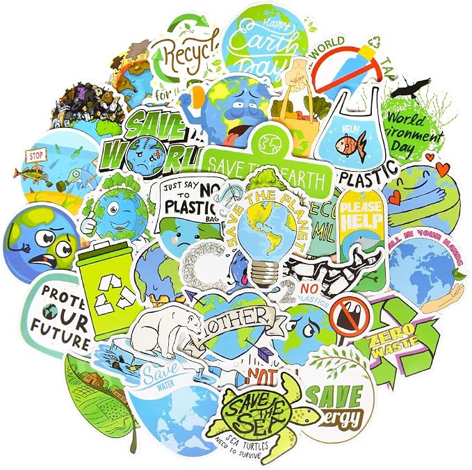 QTL Earth Day Stickers for Kids, Environmental Party Supplies, Waterproof Vinyl Stickers, Earth Day Decorations and Gifts, 50PCS