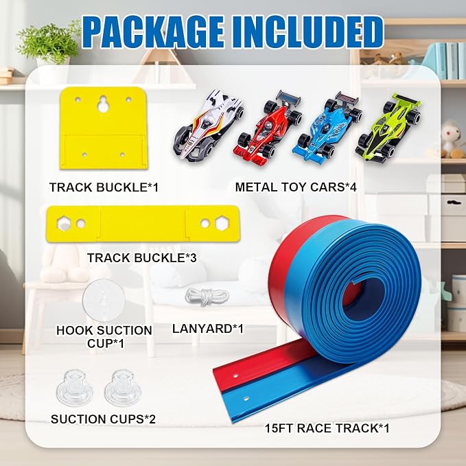 Flexible Race Track Toys for Kids, 15 Ft Double Lane Racetrack with 4 Cars & Suction Cups, Compatible with Hot Wheels & 1/64 Diecast Cars, Portable Roll Up Car Ramp Track Set for Ages 3+(Red & Blue)
