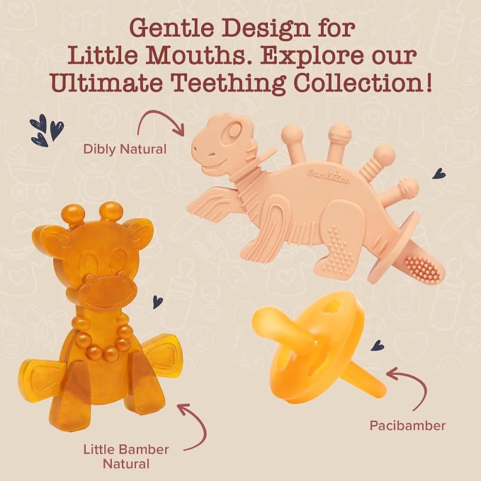 Bambeado Dibly Baby Teething Toy - Made with Natural Rubber & Amber Elements - Gentle Support, Easy to Hold, Simple to Clean - Cute Dinosaur Teether Toy - Alternative to Amber Teething Necklace Pink