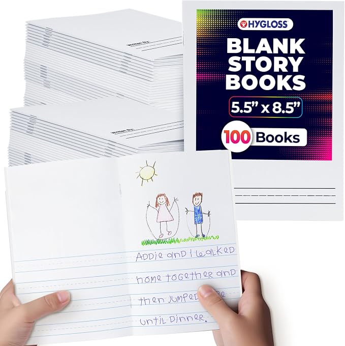Hygloss Half Blank Books for Kids to Write Stories & Illustrate – Bulk 100 Pack – 5.5" x 8.5" A5 – Primary Journal for Grades K-2, Preschool/Kindergarten Notebook with Picture Space – 24 Pages, White
