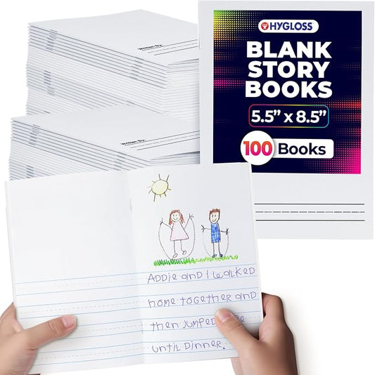 Hygloss Half Blank Books for Kids to Write Stories & Illustrate – Bulk 100 Pack – 5.5" x 8.5" A5 – Primary Journal for Grades K-2, Preschool/Kindergarten Notebook with Picture Space – 24 Pages, White