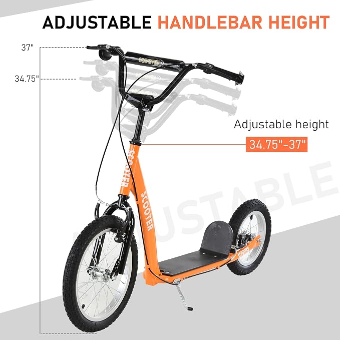 Aosom Youth Scooter Kick Scooter for Kids 5+ with Adjustable Handlebar 16" Front and 12" Rear Dual Brakes Inflatable Wheels