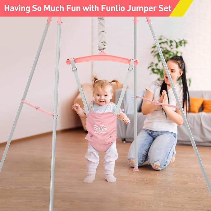 FUNLIO Baby Jumper with Stand for 6-24 Months, Infant Jumper for Indoor/Outdoor Play, Toddler Jumper for Baby Girl/Boy, with Adjustable Chain, Easy to Assemble & Store (with Stand) - Pink