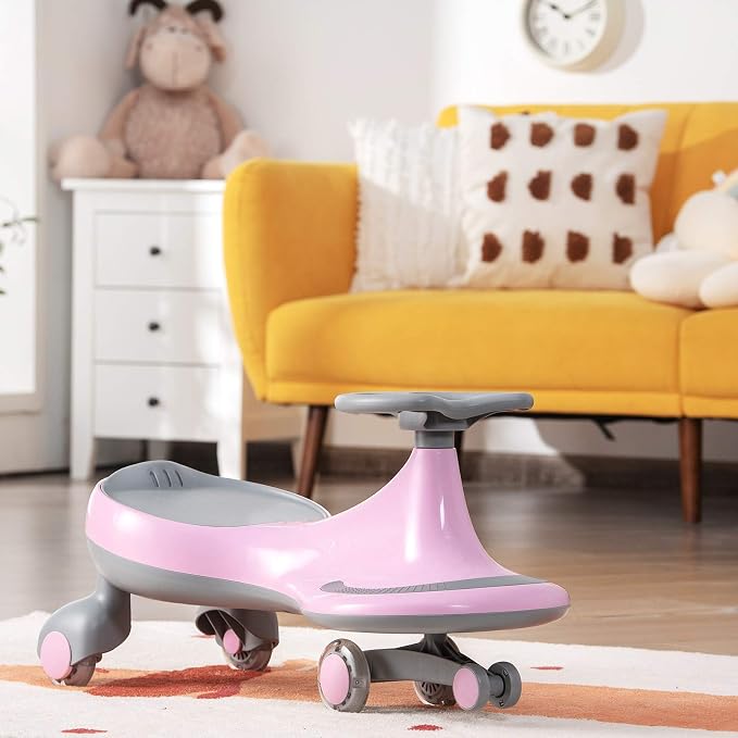 BABY JOY Wiggle Car for Kids, Swing Car with LED Flashing Wheels, No Batteries, Gears or Pedals, Uses Twist, Turn, Wiggle Movement to Steer, Ride-on Toy for Boys Girls 3 Year Old and Up (Pink)