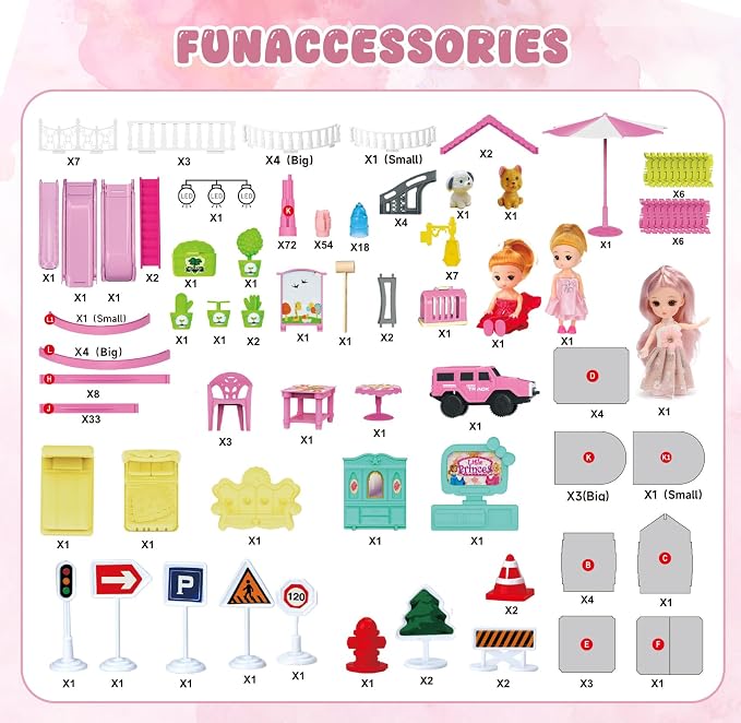 Doll House with Lights&Track Car Toy Set,Princess Dollhouse for Girls, 3 Dolls, Pets, Car, Furniture and Accessories, Design and Build Gift for 3 4 5 6 7 8+ Year Old Girls