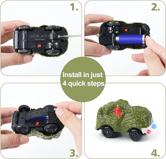 2-Pack Dinosaur Track Car Toy for Kids - Best Birthday Gifts for 3 4 5 6 7 Year Old Boys, LED Light-Up Dino Track Cars, Compatible with Most Dinosaur Race Track Sets